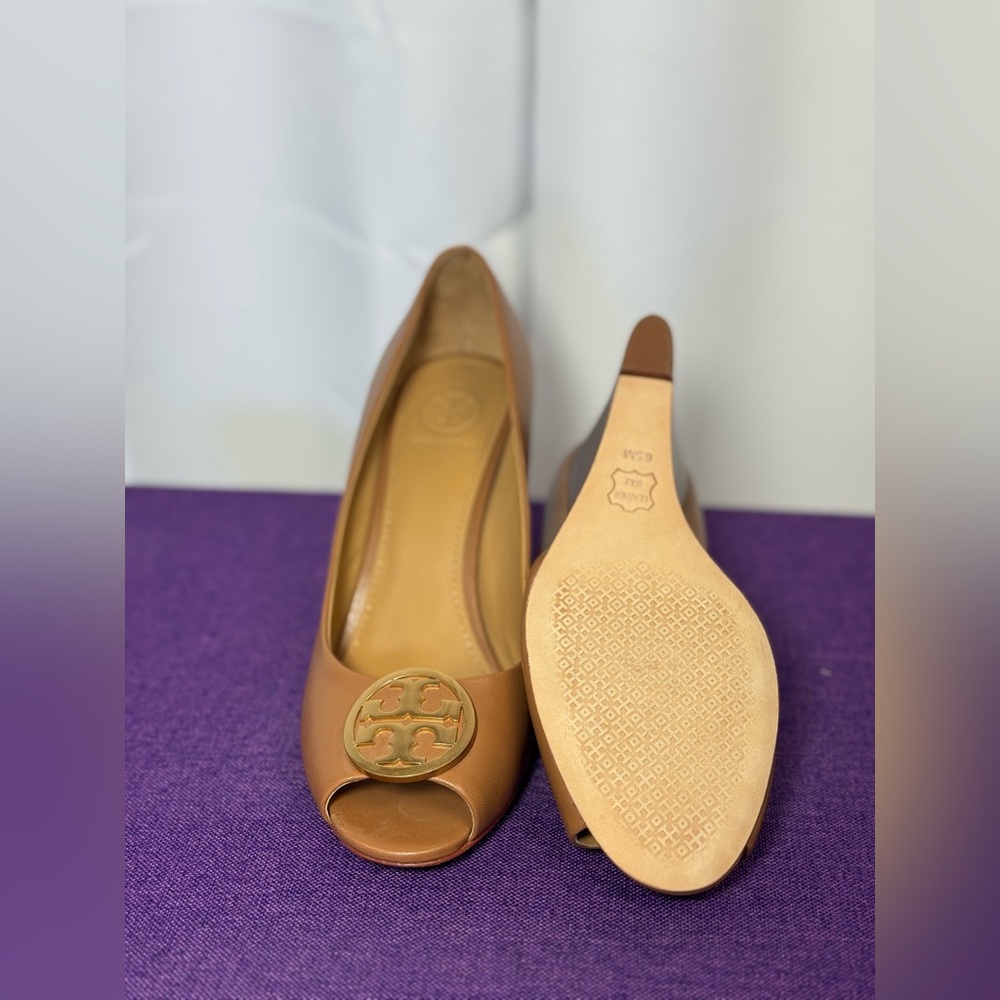 Tory Burch Brown Peep-Toe Wedges - Picture 2 of 3